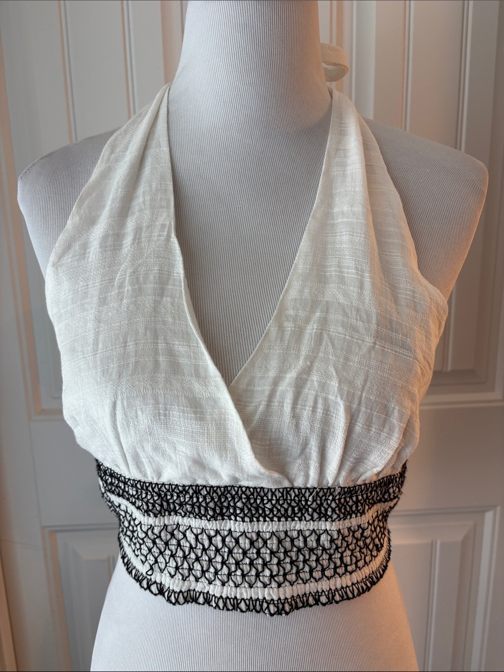 NWT Cream Halter Crop Top with Black Smocked Waist